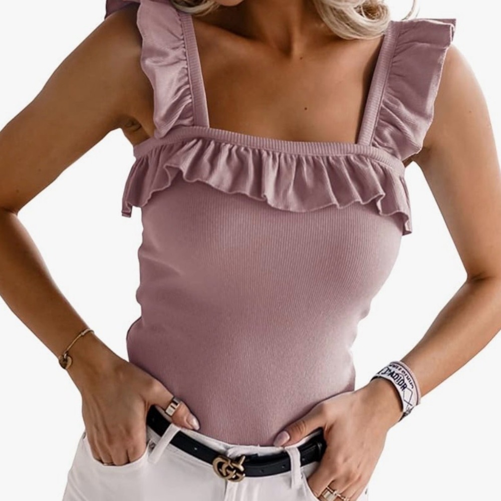 Sleeveless Tank Tops Ruffle Strap Square Neck Blouse Solid Color Knitted Top